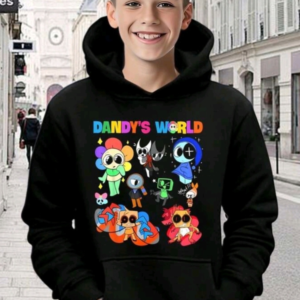 Black Kids Hoodie with Colorful 'DANDY'S WORLD' Character Print
